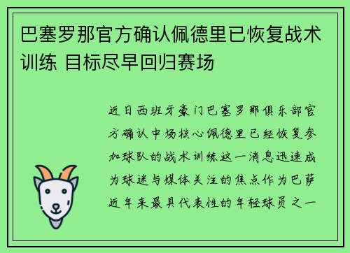 巴塞罗那官方确认佩德里已恢复战术训练 目标尽早回归赛场 巴塞罗那官方确认佩德里已恢复战术训练 目标尽早回归赛场