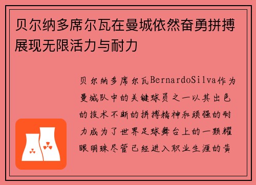 贝尔纳多席尔瓦在曼城依然奋勇拼搏展现无限活力与耐力 贝尔纳多席尔瓦在曼城依然奋勇拼搏展现无限活力与耐力